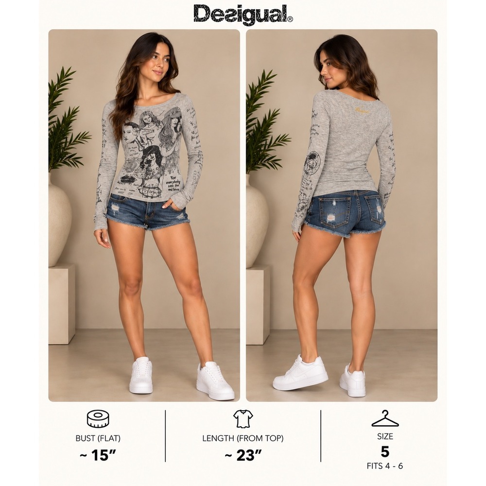 Desigual Gray Graphic Portrait Sketch Knit Long Sleeve Top Size L 41J2152